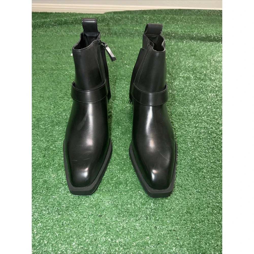 Zara Men's Black Buckle Cowboy Boots Size 8 Side Zip Western Ankle Boots